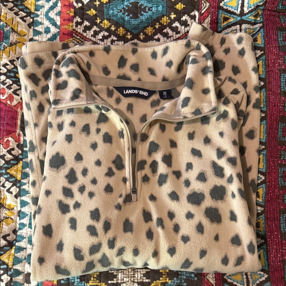 Lands' End Women’s  Zip Up Fleece Sweater - Tan Leopard Print XL